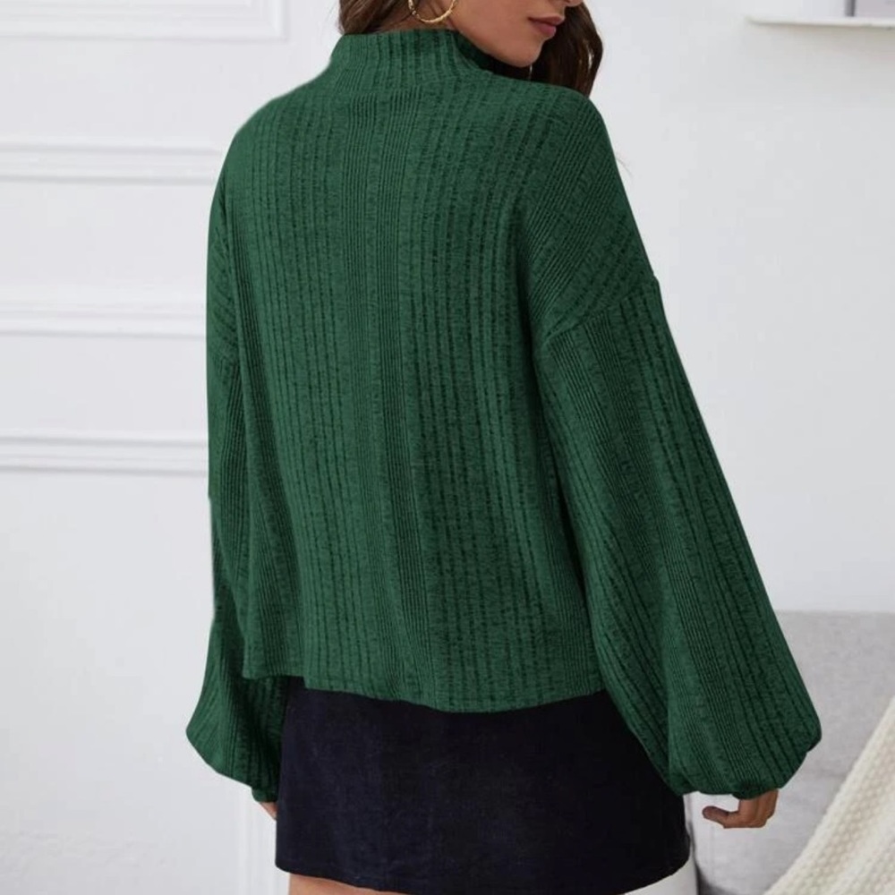 Mockneck ribbed knit lantern sleeve top burgundy red cozy - Picture 4 of 10